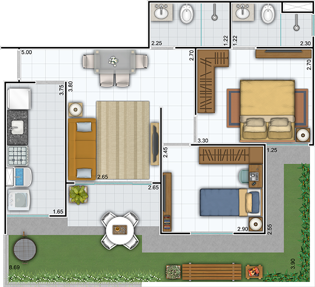 TÉRREO COM QUINTAL | 2 QUARTOS | 68M²