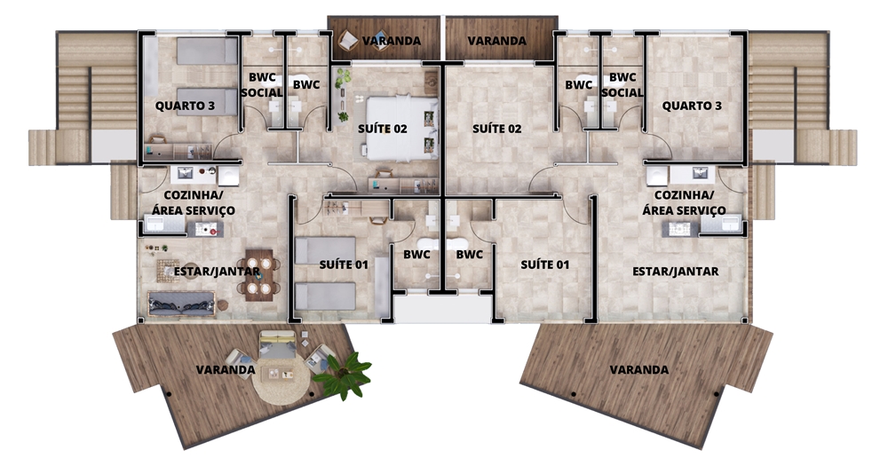 Planta apartamento de 3 quartos Vila Tulum