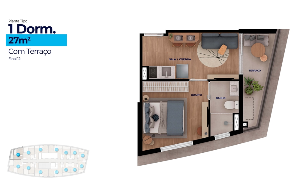 Planta tipo 1 Dormitório 27 m