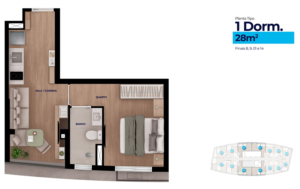 Planta tipo 1 Dormitório 28 m