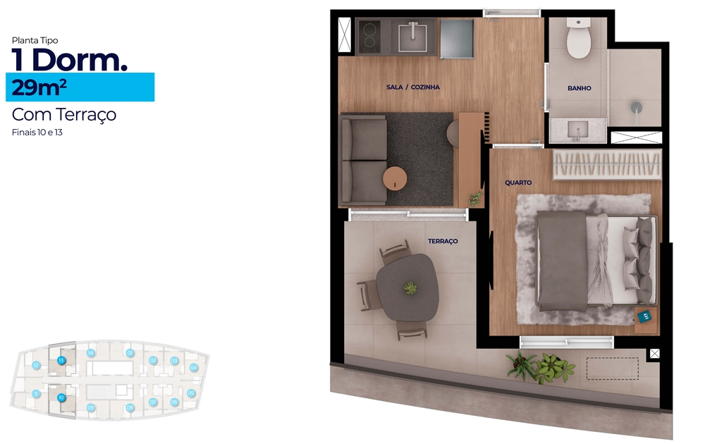 Planta tipo 1 Dormitório 29 m