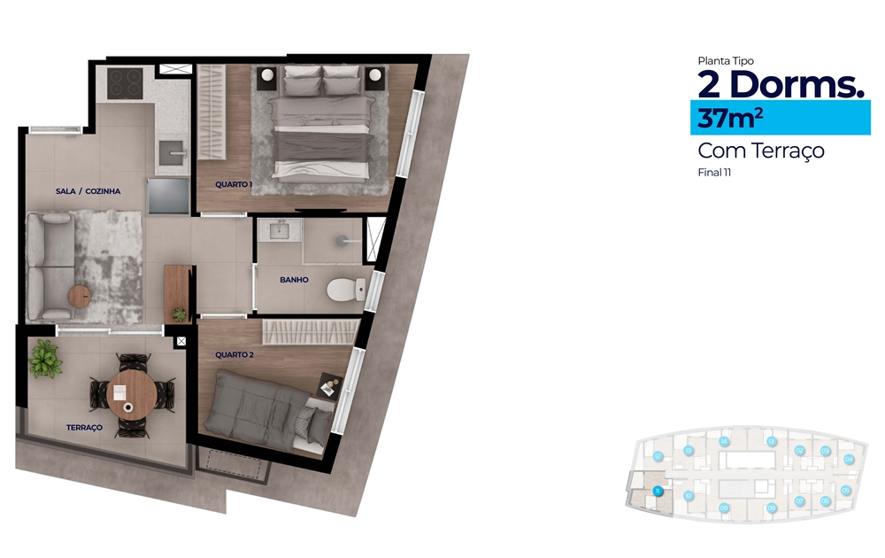 Planta tipo 2 Dormitórios 37 m