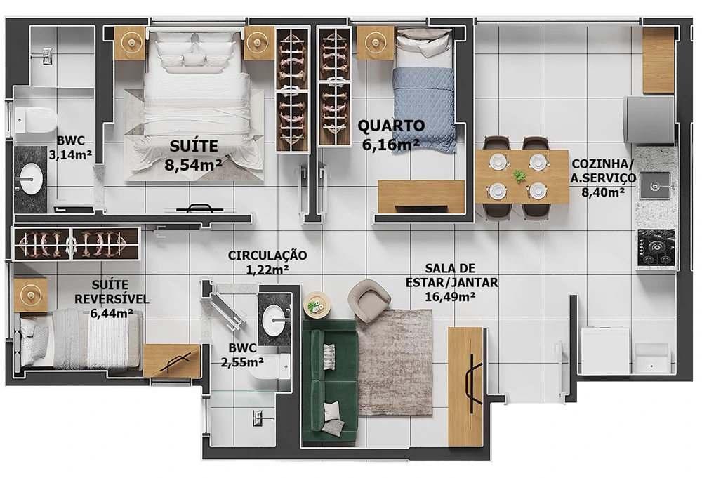 PLANTA TIPO A1 61,21 M²