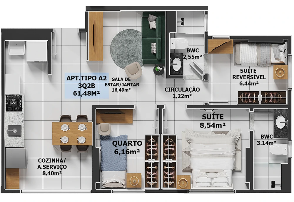 PLANTA TIPO A2 61,48 M²