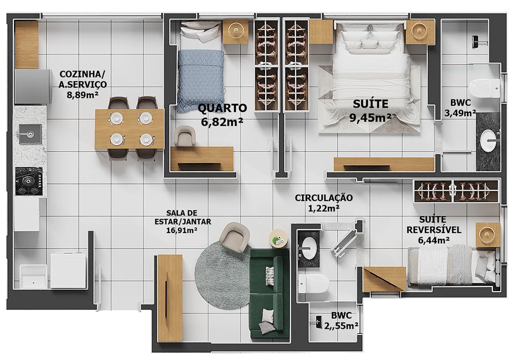 PLANTA TIPO A3 64,56 M²