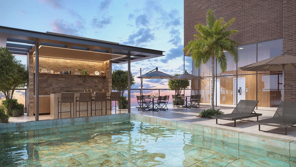 Perspectiva ilustrada do Bar e Piscina no 12 Pavimento do Rio Poty Offices e Residences