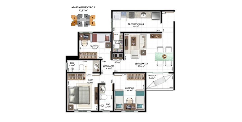 Planta de 72 m² do Brisas Sul