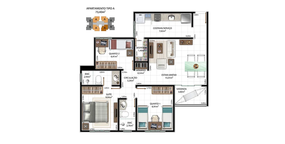 Planta de 73 m² do Brisas Sul